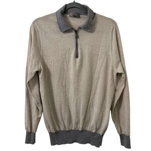 Canali Sweater Mens 52 Large Beige Gray Wool Quarter Zip Italy Luxury Minimalist